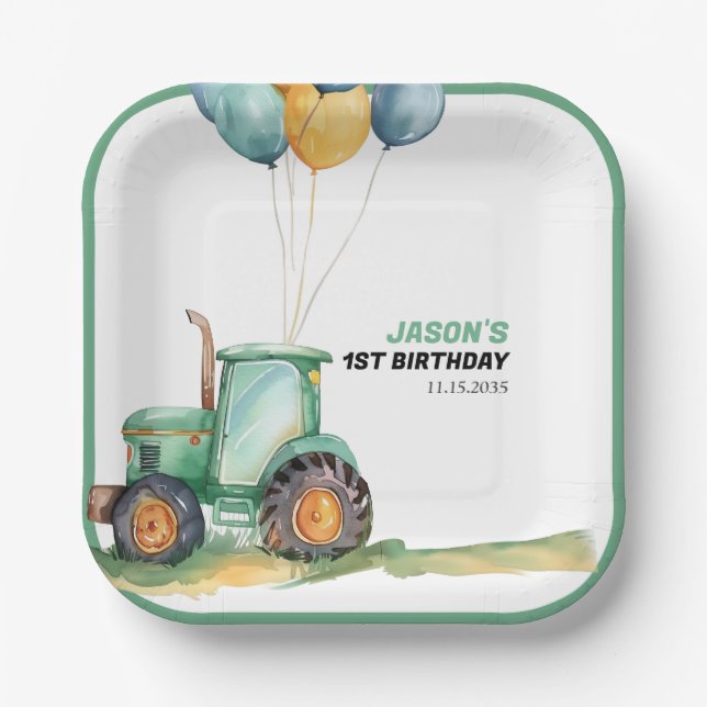 Plato De Papel Cumpleaños de Farm Green Tractor (Anverso)