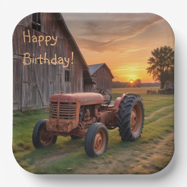 Plato De Papel Cumpleaños de Farm Tractor (Anverso)
