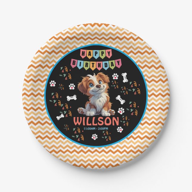 Plato De Papel Cumpleaños de Fiesta de Cachorros | Tema del perro (Anverso)