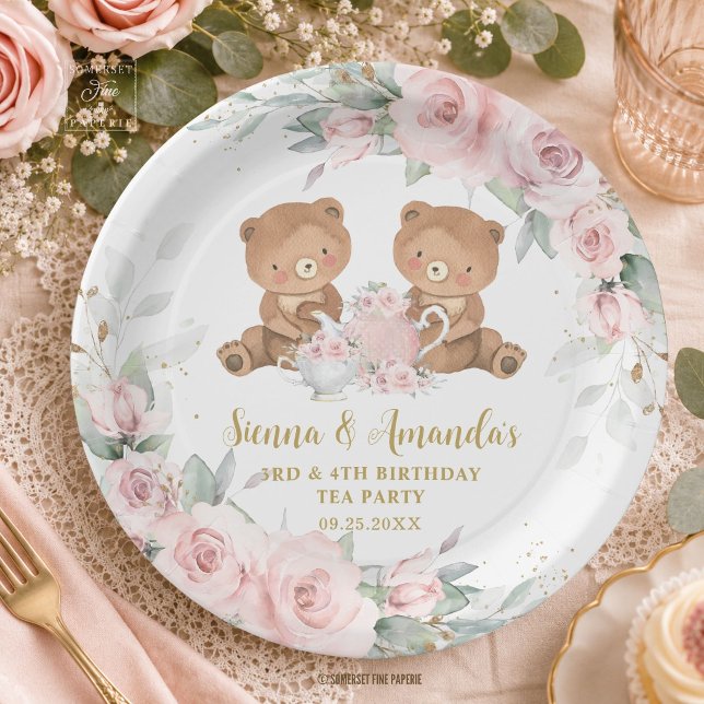 Plato De Papel Cumpleaños de fiesta de té de ositos de flores ros (blush pink floral teddy bears tea party joint sisters birthday party paper plates)