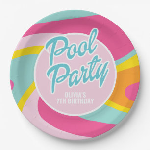 Plato De Papel Cumpleaños de fiesta en la piscina de la playa de 
