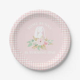 Plato De Papel Cumpleaños de flores de conejito y gingham rosa