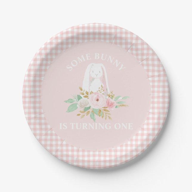 Plato De Papel Cumpleaños de flores de conejito y gingham rosa (Anverso)