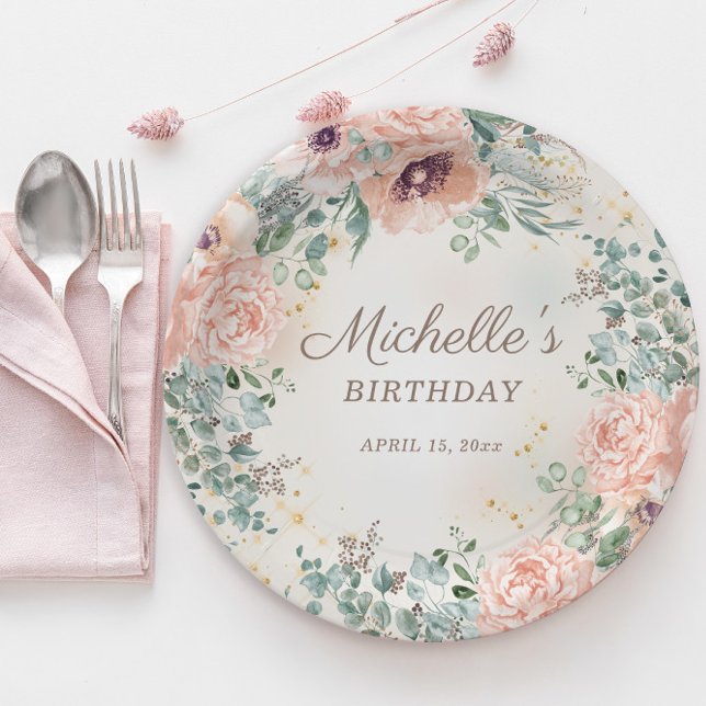 Plato De Papel Cumpleaños de flores rosadas, follaje verde y bril (Blush pink floral and sage green leaves women's birthday party paper plates)
