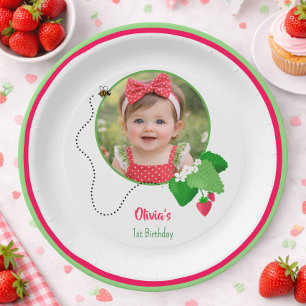 Plato De Papel Cumpleaños de Fresa Dulce 1er Cumpleaños Foto