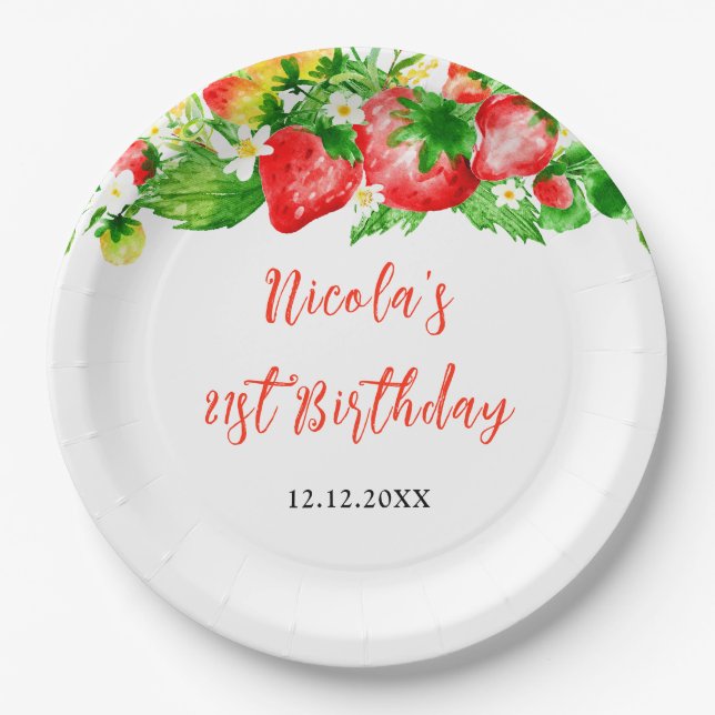 Plato De Papel Cumpleaños de Fresas y Margaritas (Anverso)