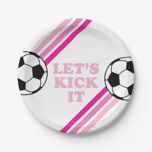Plato De Papel Cumpleaños de Fútbol con Rayas Rosadas Let's Kick 