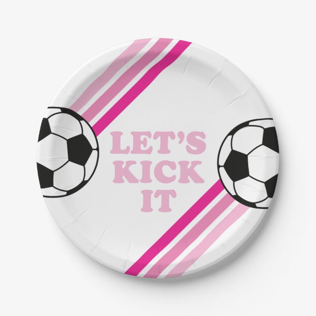 Plato De Papel Cumpleaños de Fútbol con Rayas Rosadas Let's Kick  (Anverso)