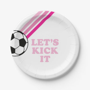 Plato De Papel Cumpleaños de Fútbol con Rayas Rosadas Let's Kick 