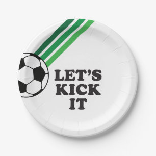 Plato De Papel Cumpleaños de Fútbol Vamos a Patear con Rayas Verd