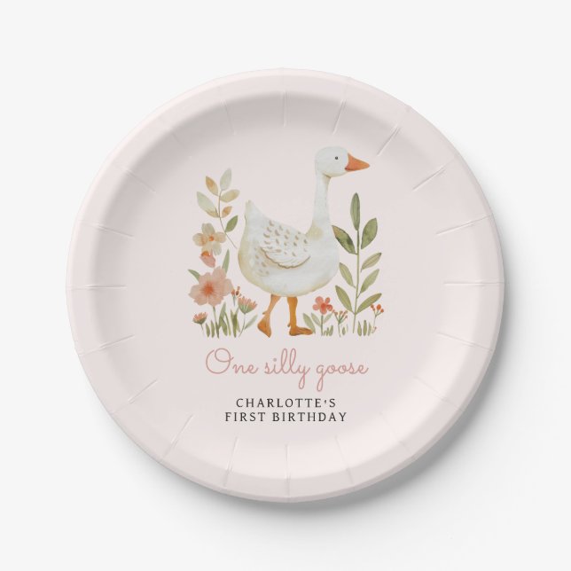 Plato De Papel Cumpleaños de ganso tonto rosa (Anverso)