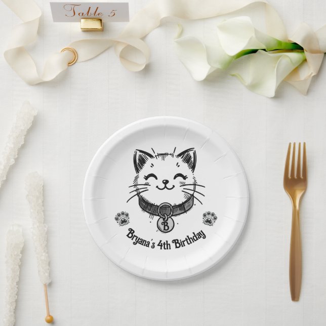 Plato De Papel Cumpleaños de gatito Kitty Kat negro   (Boda)