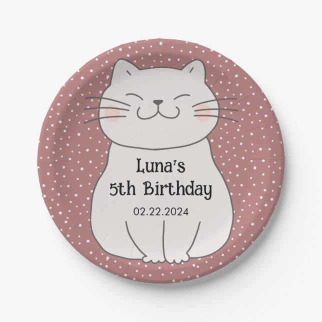 Plato De Papel Cumpleaños de gatito lindo y moderno  (Anverso)