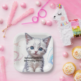 Plato De Papel Cumpleaños de Gatitos Galaxy Blue Tinted para Niño
