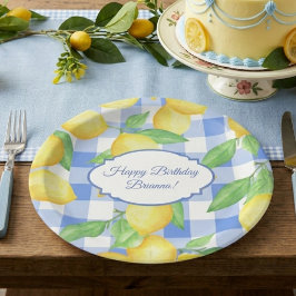 Plato De Papel Cumpleaños de Gingham de Limón de Verano
