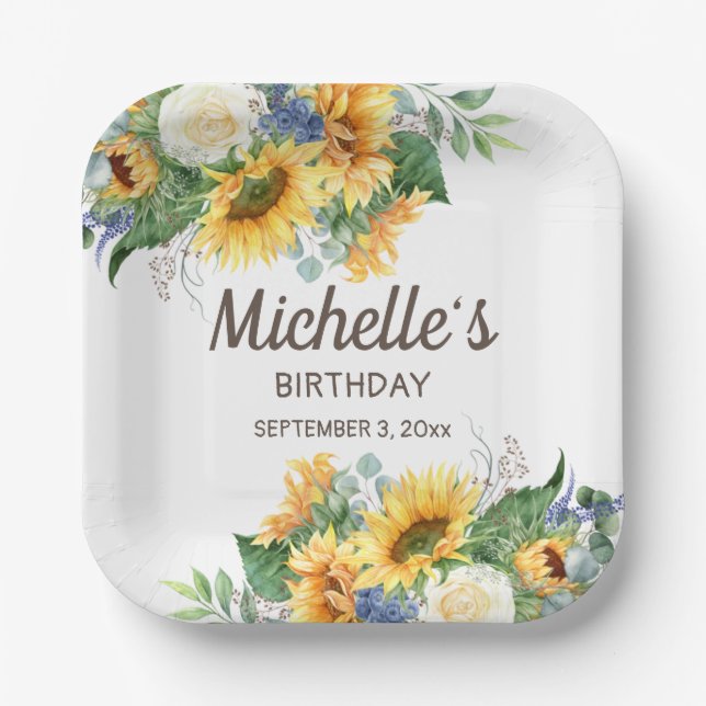 Plato De Papel Cumpleaños de girasoles Eucalipto Nombre Fecha (Anverso)