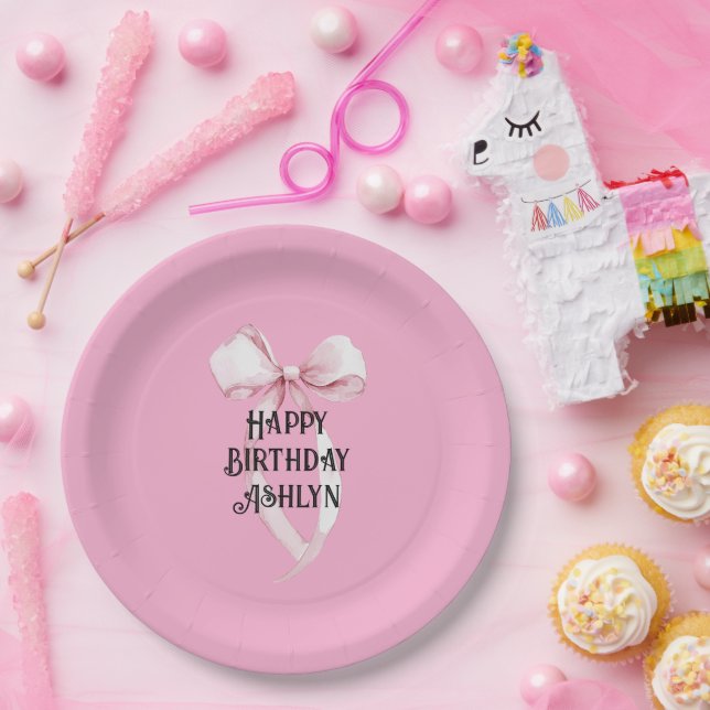 Plato De Papel Cumpleaños de Girly Pink Bow (Fiesta)