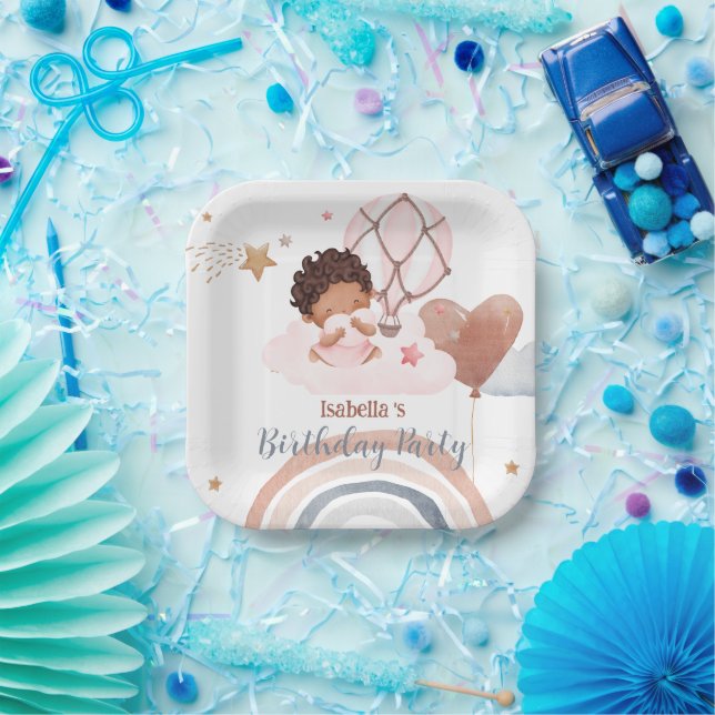 Plato De Papel Cumpleaños de globo de niñas afro princesas pequeñ (Fiesta)