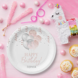 Plato De Papel Cumpleaños de Globos Rosados y Plateados
