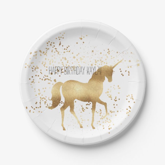 Plato De Papel Cumpleaños de Gold Unicorn (Anverso)