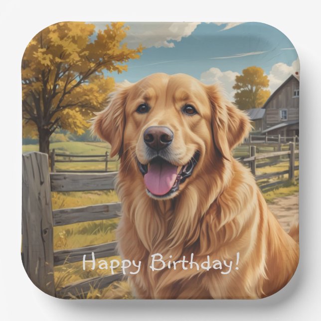 Plato De Papel Cumpleaños de Golden Retriever (Anverso)