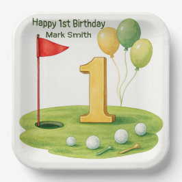 Plato De Papel Cumpleaños de Golf 1er año temático en Green de Pu