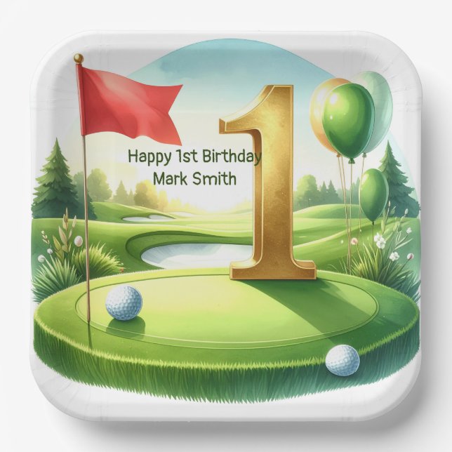Plato De Papel Cumpleaños de Golf 1er tema en Green de Putting (Anverso)