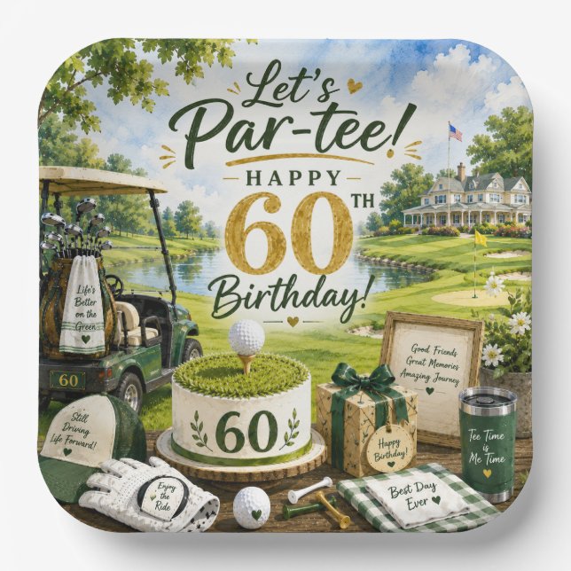Plato De Papel Cumpleaños de golf 60 con carrito de golf en verde (Anverso)