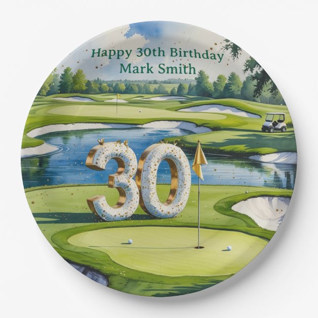 Plato De Papel Cumpleaños de golf de 30 años en campo de golf (Anverso)