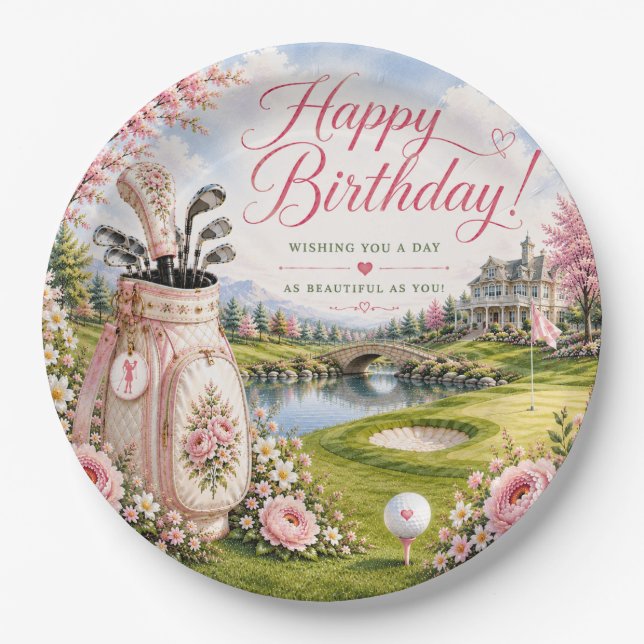 Plato De Papel Cumpleaños de golf para mujer golfista (Anverso)
