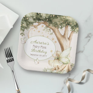 Plato De Papel Cumpleaños de Hada del Bosque Boho Primero