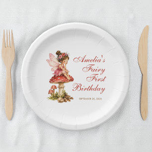 Plato De Papel Cumpleaños de hada primera seta roja escritura niñ
