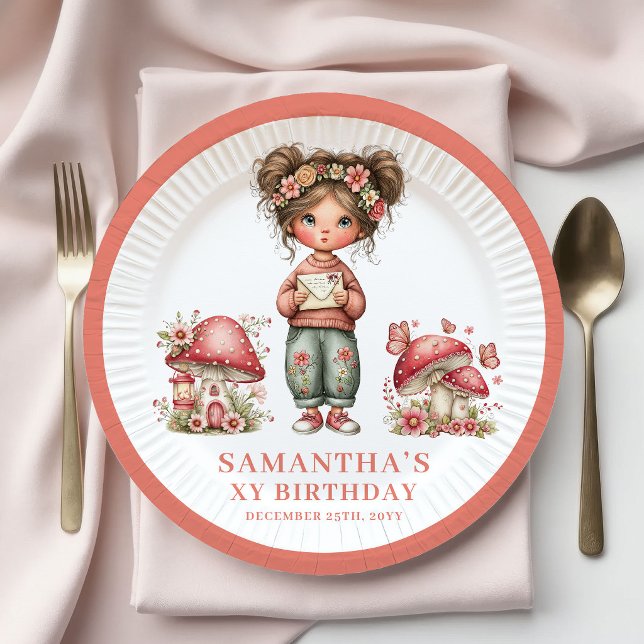 Plato De Papel Cumpleaños de Hada Rosa Linda 7º Cumpleaños Papel  (Cute Pink Fairy 7th Birthday Floral Party Paper Plates)