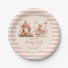 Plato De Papel Cumpleaños de hadas encantadas con rayas rosadas