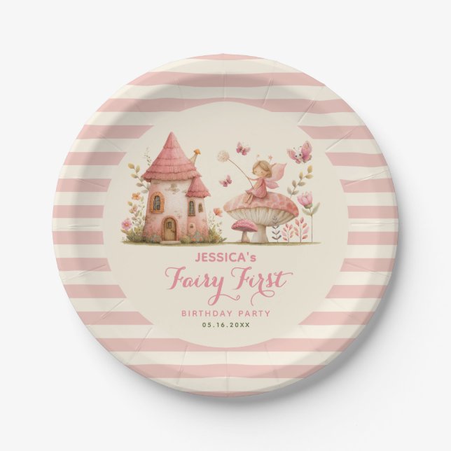 Plato De Papel Cumpleaños de hadas encantadas con rayas rosadas (Anverso)