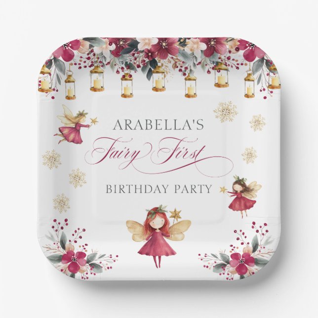 Plato De Papel Cumpleaños de hadas invernales caprichosas (Anverso)