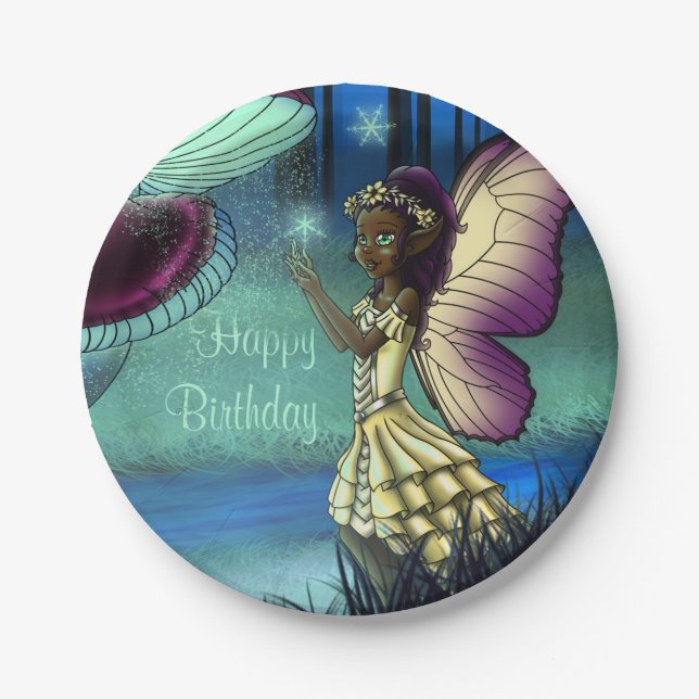 Plato De Papel Cumpleaños de hadas y hongos afroamericanos (Anverso)