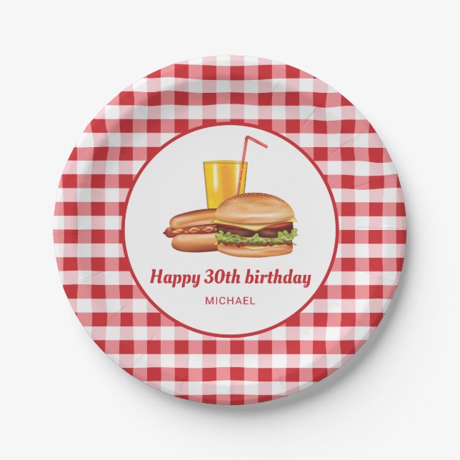 Plato De Papel Cumpleaños de Hamburger Hot Dog y bebida de Gingha (Anverso)