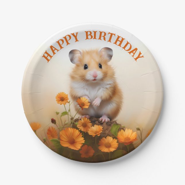 Plato De Papel Cumpleaños de Hamster Entre Flores Naranjas (Anverso)
