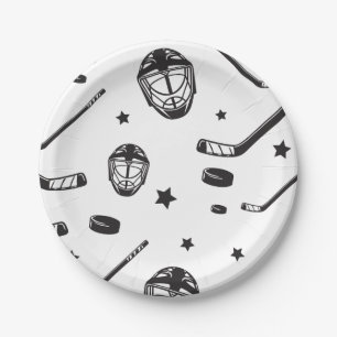 Plato De Papel Cumpleaños de Hockey negro y blanco