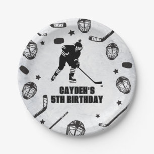 Plato De Papel Cumpleaños de Hockey negro y blanco