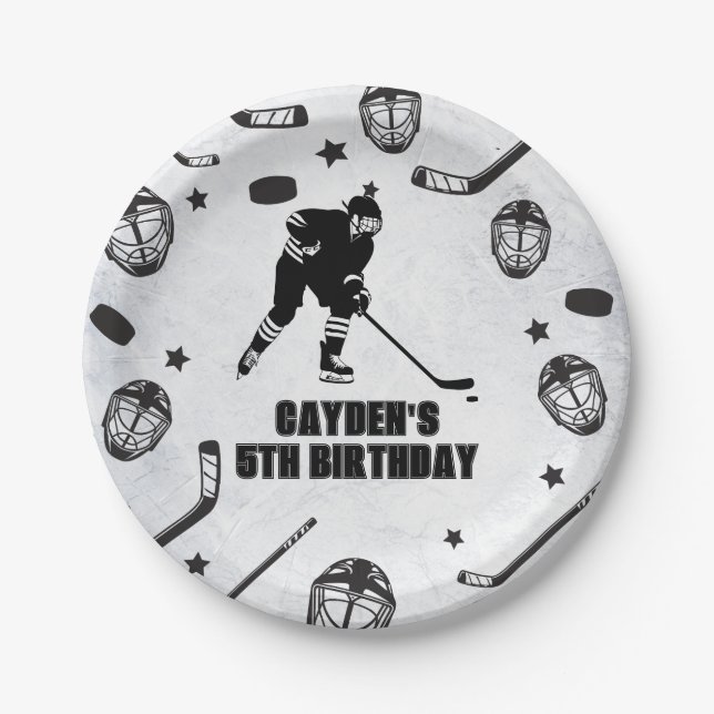 Plato De Papel Cumpleaños de Hockey negro y blanco (Anverso)