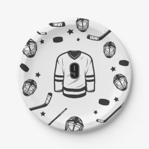 Plato De Papel Cumpleaños de Hockey negro y blanco