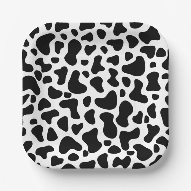 Plato De Papel Cumpleaños de impresión de vaca blanca y negra (Anverso)