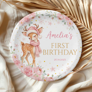 Plato De Papel Cumpleaños de invierno con ciervo adorable Onedeer