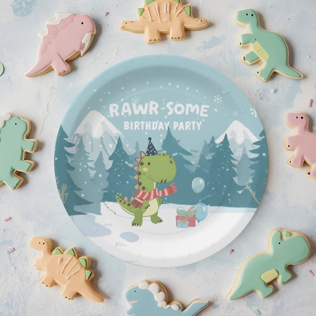 Plato De Papel cumpleaños de invierno de dinosaurios RAWR-Some (Subido por el creador)