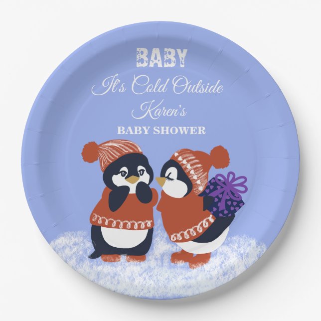 Plato De Papel Cumpleaños de invierno de pingüino Bebe Shower Frí (Anverso)