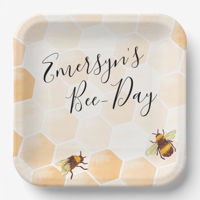 Plato De Papel Cumpleaños de la abeja acuarela (Anverso)