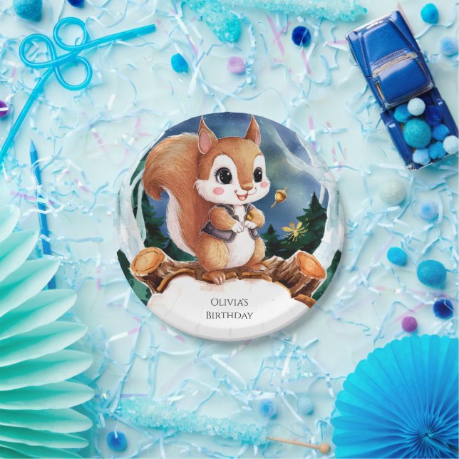 Plato De Papel Cumpleaños de la ardilla de color (Fiesta)