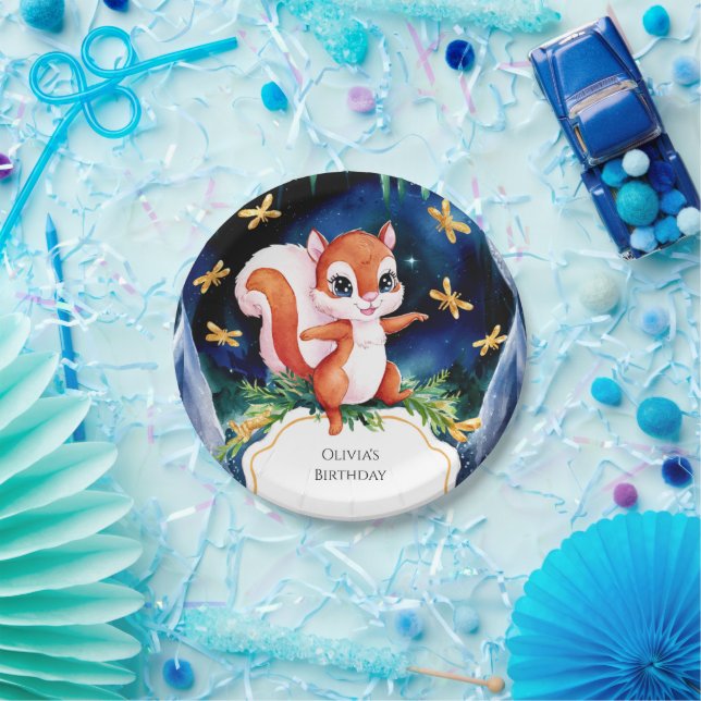 Plato De Papel Cumpleaños de la ardilla mágica y caprichosa (Fiesta)